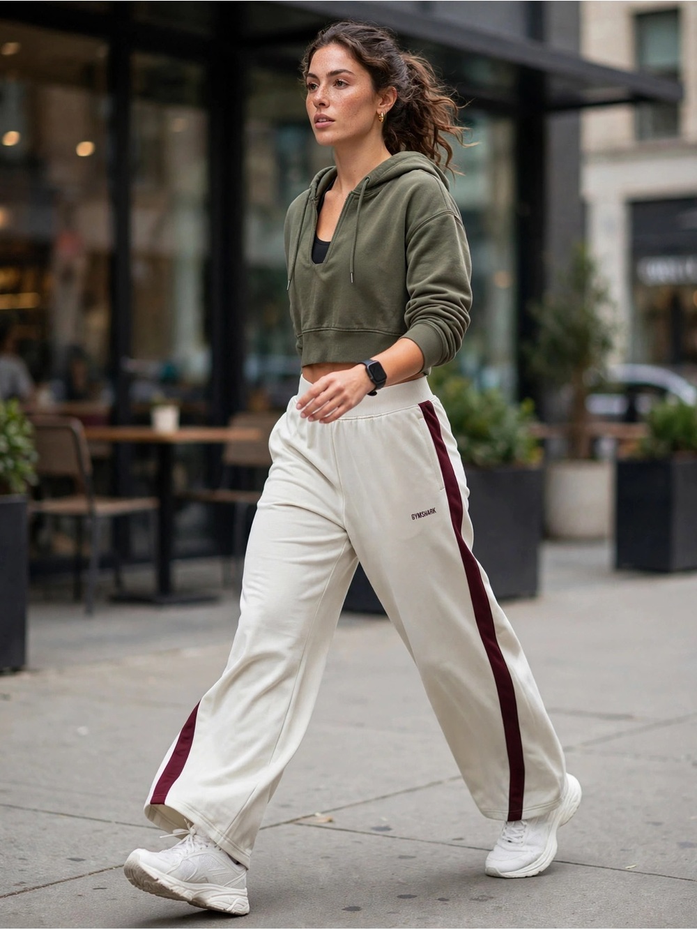 Gymshark Cream Wide-Leg Track Pants with Burgundy Side Stripe